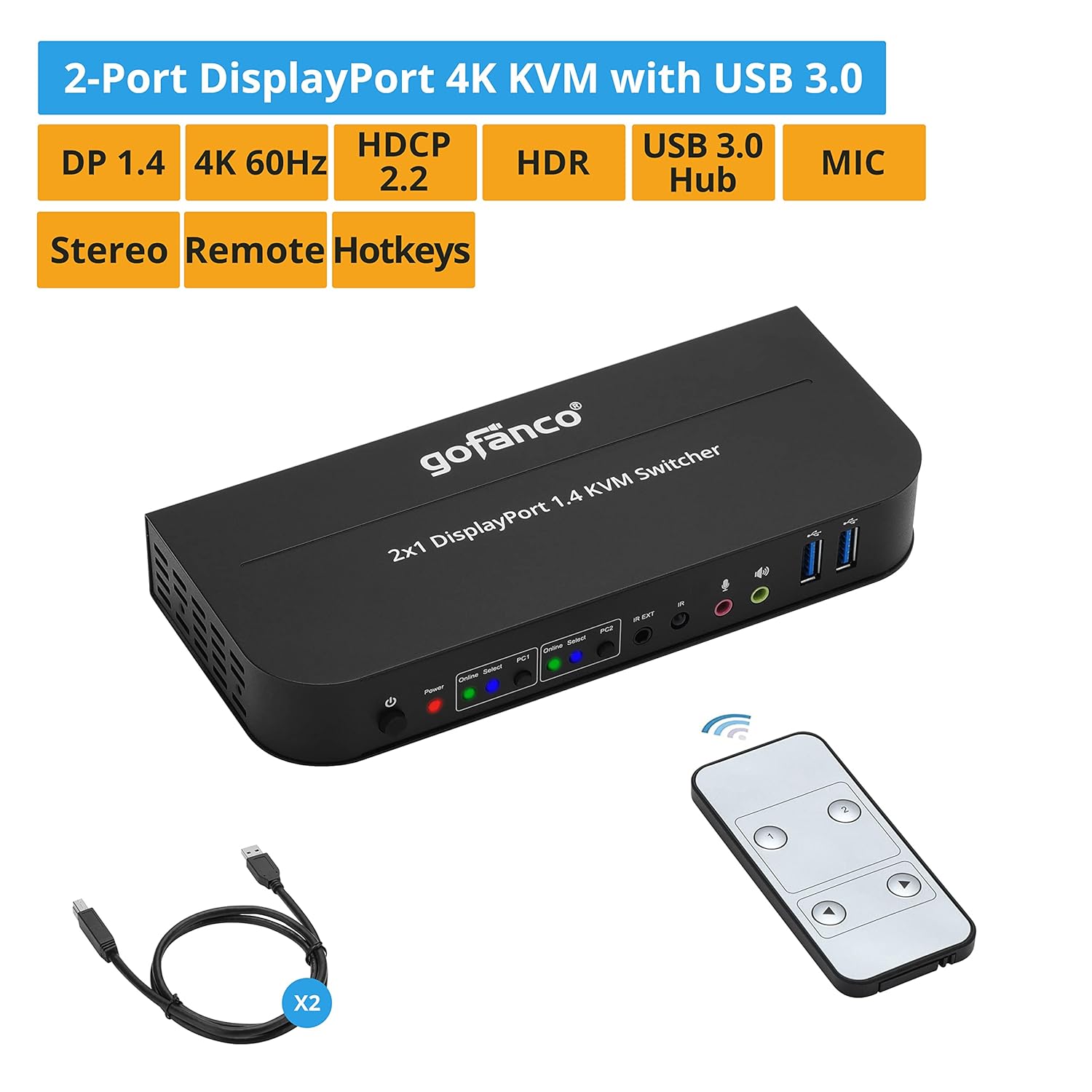 gofanco 2 Port 4K 60HZ DisplayPort KVM Switch with USB 3.0 – DisplayPort 1.4, 4K @60Hz 4:4:4, HDR, HDCP 2.2/1.4, USB Keyboard/Mouse, USB 3.0 Hub, MIC in, Stereo Out, IR Remote, Hotkeys (KVMDP-2P)