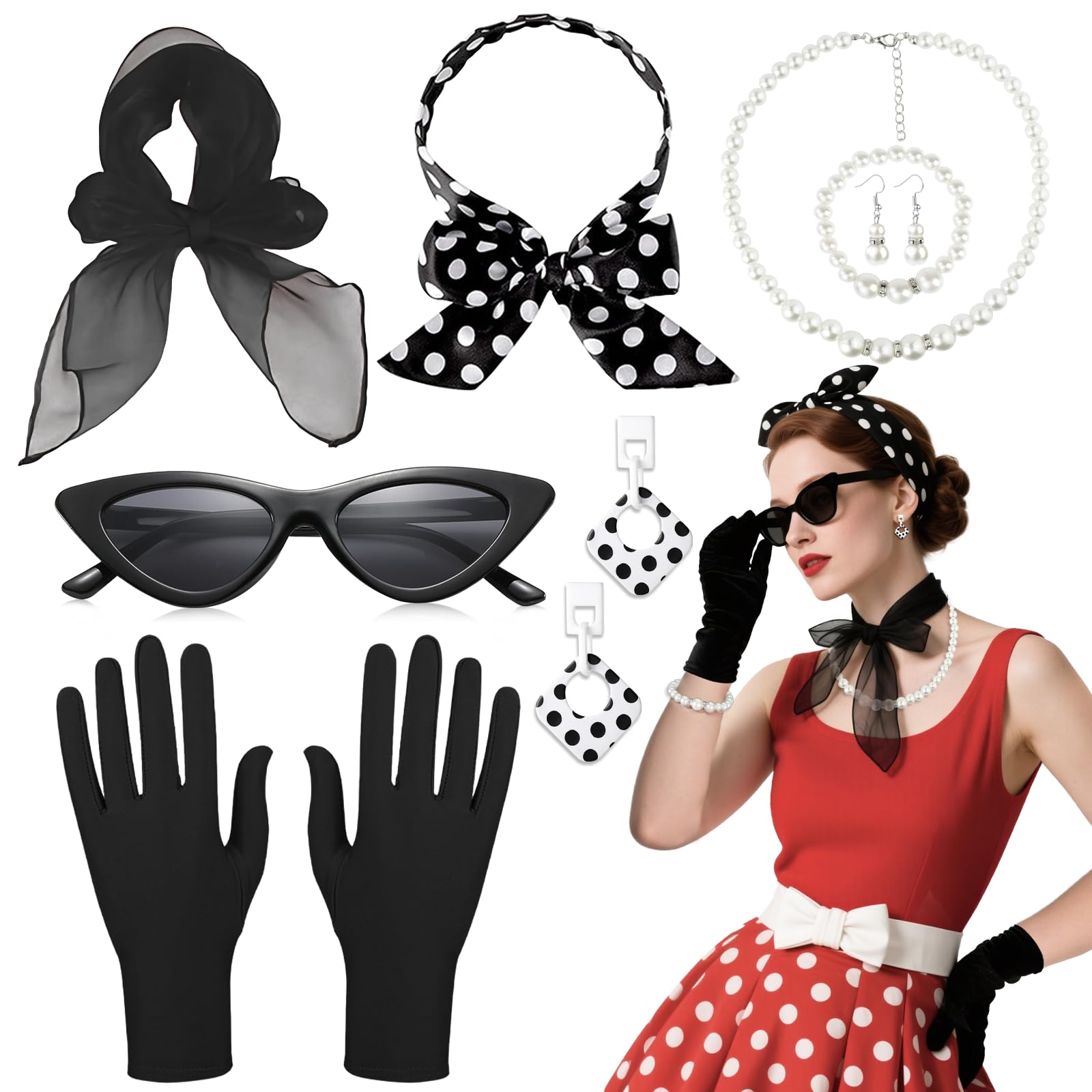 8 Pcs 50s Costume Accessories Set for Women, Retro 1950s Grease Fancy Dress with Cat Eye Glasses Polka Dot Bandana Tie Headband Earrings Necklace Gloves Bracelet for Ladies 50s Theme Party Supplies