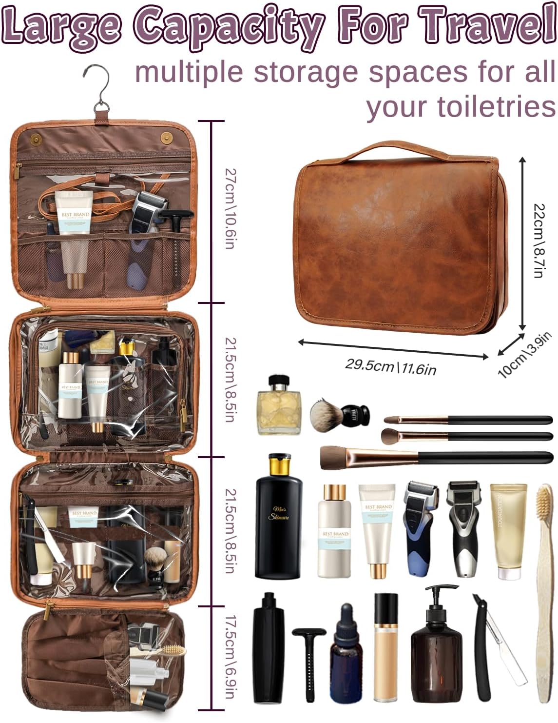 Large Personalized Toiletry Bag For Men, Custom Engraved Leather Travel Organizer Bag, Engraved Name Waterproof Travel Kit & Gifts for Him Husband Father (Father's Day, Christmas)