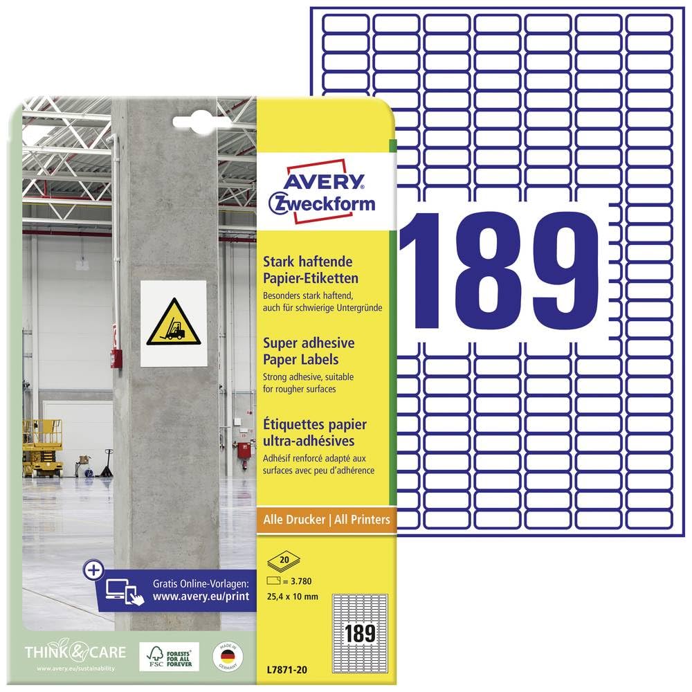 AVERY Zweckform L7871-20 Stark haftende Etiketten – 25,4 x 10 mm, 3.780 Aufkleber auf A4, 20 Blatt, weiß