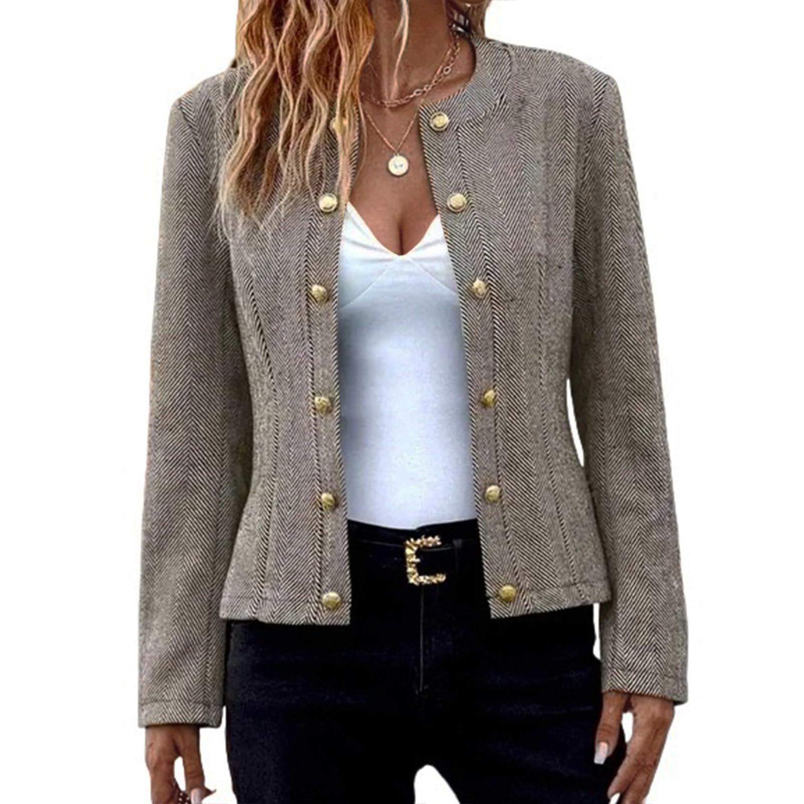 Womens Patterned Long Sleeve Round Neck Cropped Tweed Blazer Collarless Button Down Bomber Jacket Business Casual