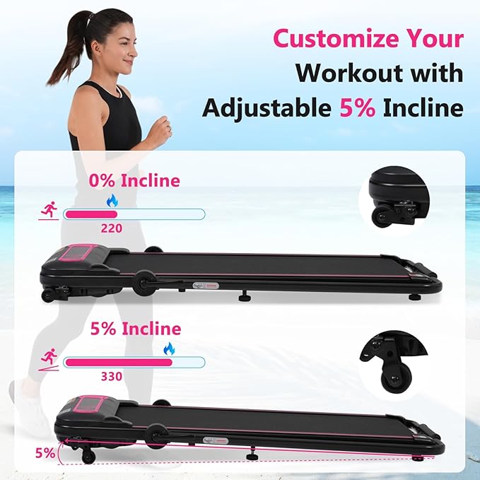 Caminadora Plegable VOOTOLOVER Rosa+Negro, 2.5HP, Inclinación, 300 lb miniatura 3