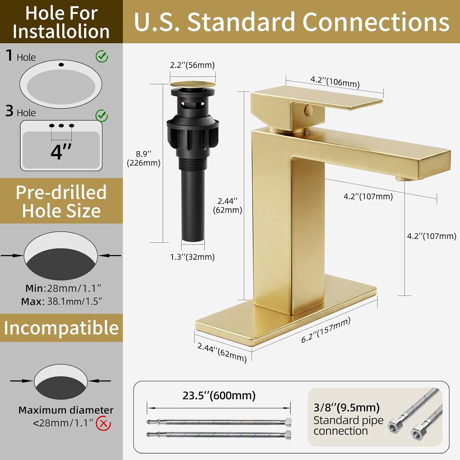 Brushed Gold Bathroom Faucet Single Hole, 304 Stainless Steel Lead-Free Faucet with Anti-Fingerprint Surface, Single Handle Vanity Faucet with Deck Plate and Pop-Up Drain