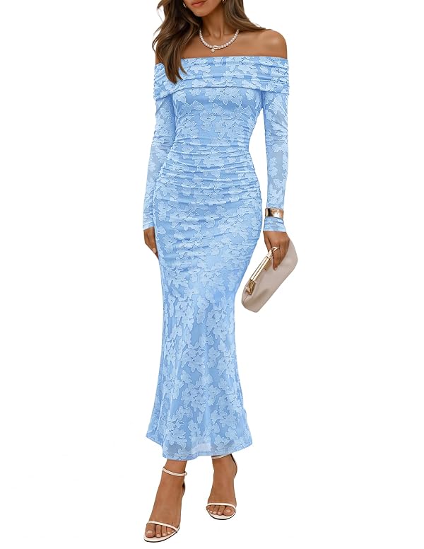 ZESICA Womens Long Sleeve Off Shoulder Maxi Fall Cocktail Dress, Blue, M by ZESICA - Used condition - US$50.55