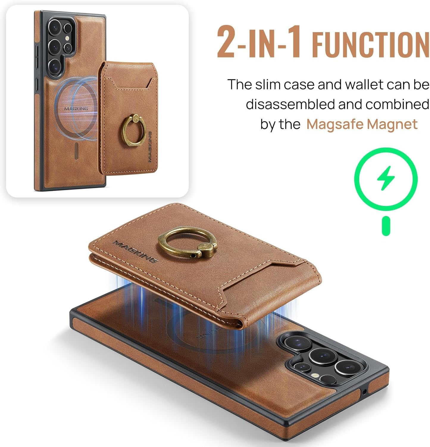 Magnetic Leather Case for Samsung Galaxy S23 Ultra, Compatible with MagSafe, Shockproof Protective Phone Case Detachable Wallet RFID Blocking Card Holder Ring Stand (Brown) - Image 2