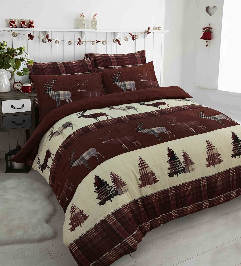 NIGHTZONE Stag Duvet Cover 100% Flannelette Brushed Cotton Thermal Duvet Cover Bedding Set (Chocolate, Single)
