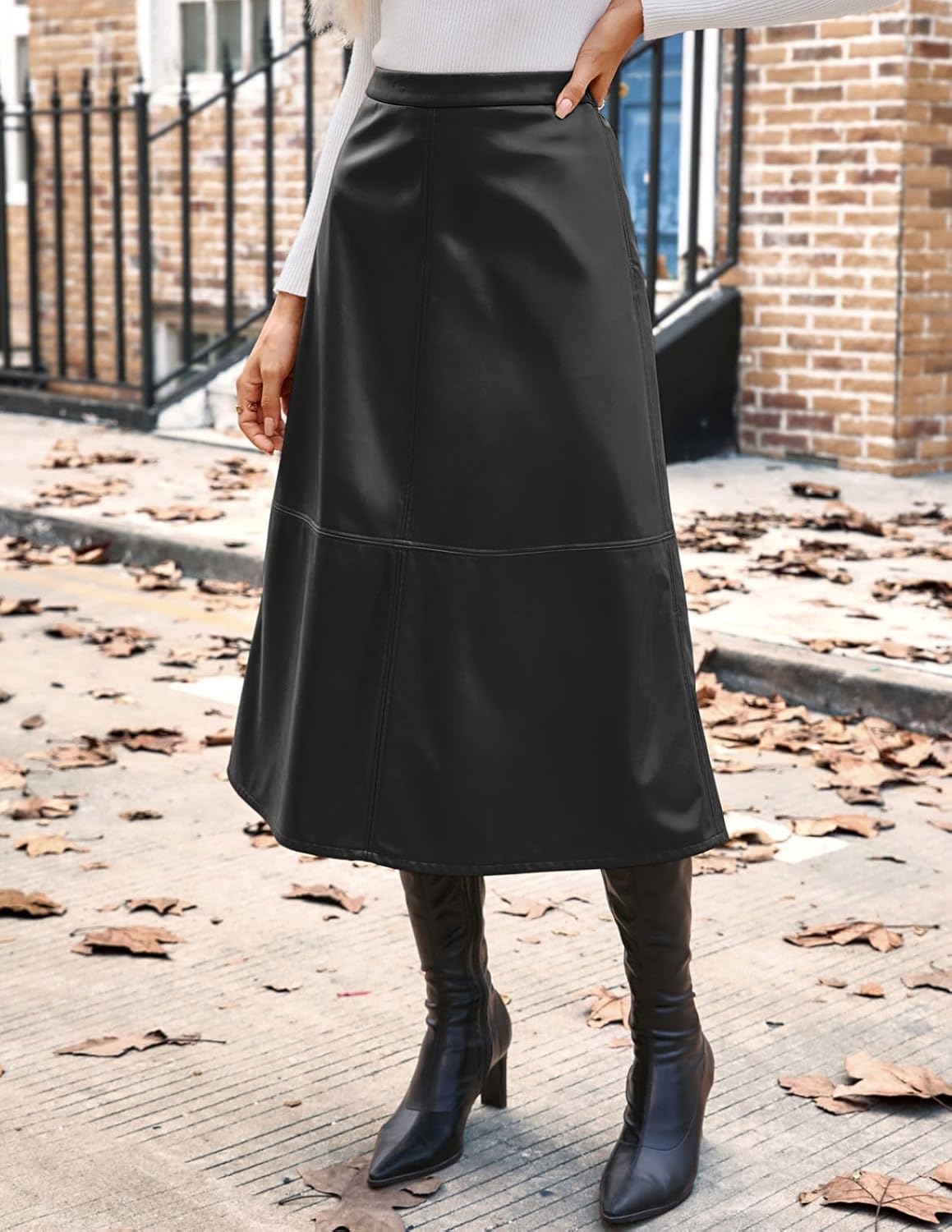 Kate Kasin 2025 Women's Faux Leather Skirts, High Waist A Line Skirt, Fall Winter Midi Skirt - Image 2