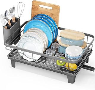 Urackify Dish rack tableware, space saving kitchen counter drip stand, stainless steel dish rack with cutlery holder, 41.5 x 31 x 17.5 cm, suitable for limited spaces, Grey