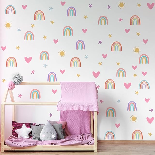 Sepamoon Boho Rainbow Wall Decor Stickers Small Rainbow Wall Decal Watercolor Rainbow Heart Sun Star Wall Stickers for Girls Boys Baby Bedroom Nursery Wall Decor (Classic Color)