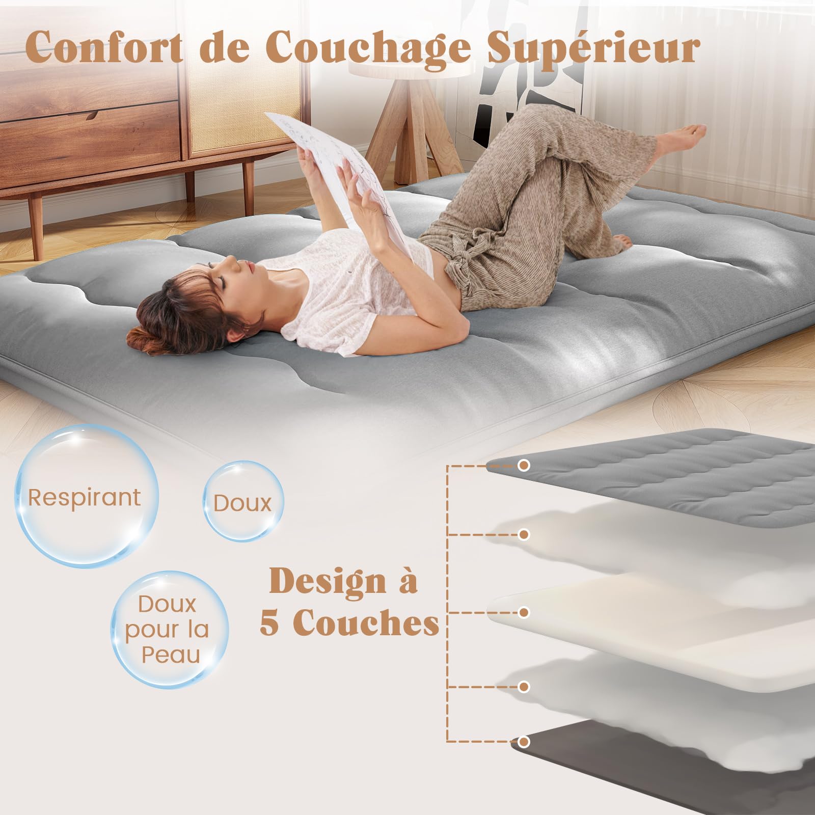 GOPLUS Matelas Futon Japonais 1/2 Personnes,Lit de Couchage Enroulable de Sol Pliable et Portable avec Sac de Transport pour Camping, Voyages en Voiture 90/140x200CM (Gris,140 x 200 cm)