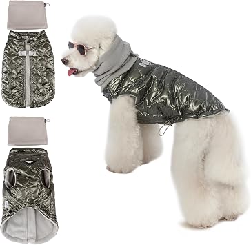 Dog Winter Jacket Waterproof Windproof, Thermal Fleece Lined Adjustable Reflective Dog Coat with Harness Hole for Cold Weather Outdoor Walking Gray, -Large