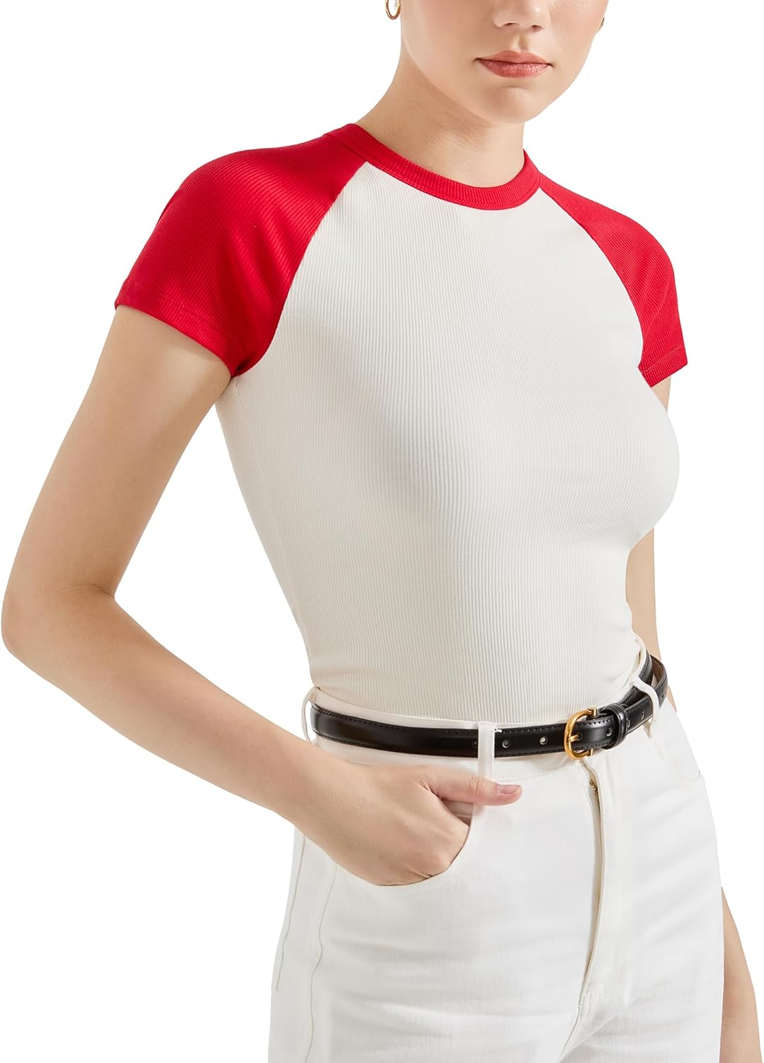 SUUKSESS Women Ribbed Striped Short Sleeve Slim Fit Tops Summer Crew Neck Color Block Going Out T Shirt Red & White Medium