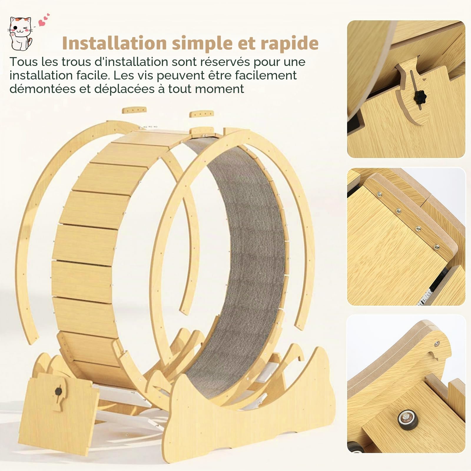 Roue d'exercice pour chat - Diamètre intérieur 120 cm - Jouet super silencieux - Pour chats de toutes tailles - Couleur bois - Taille XXL