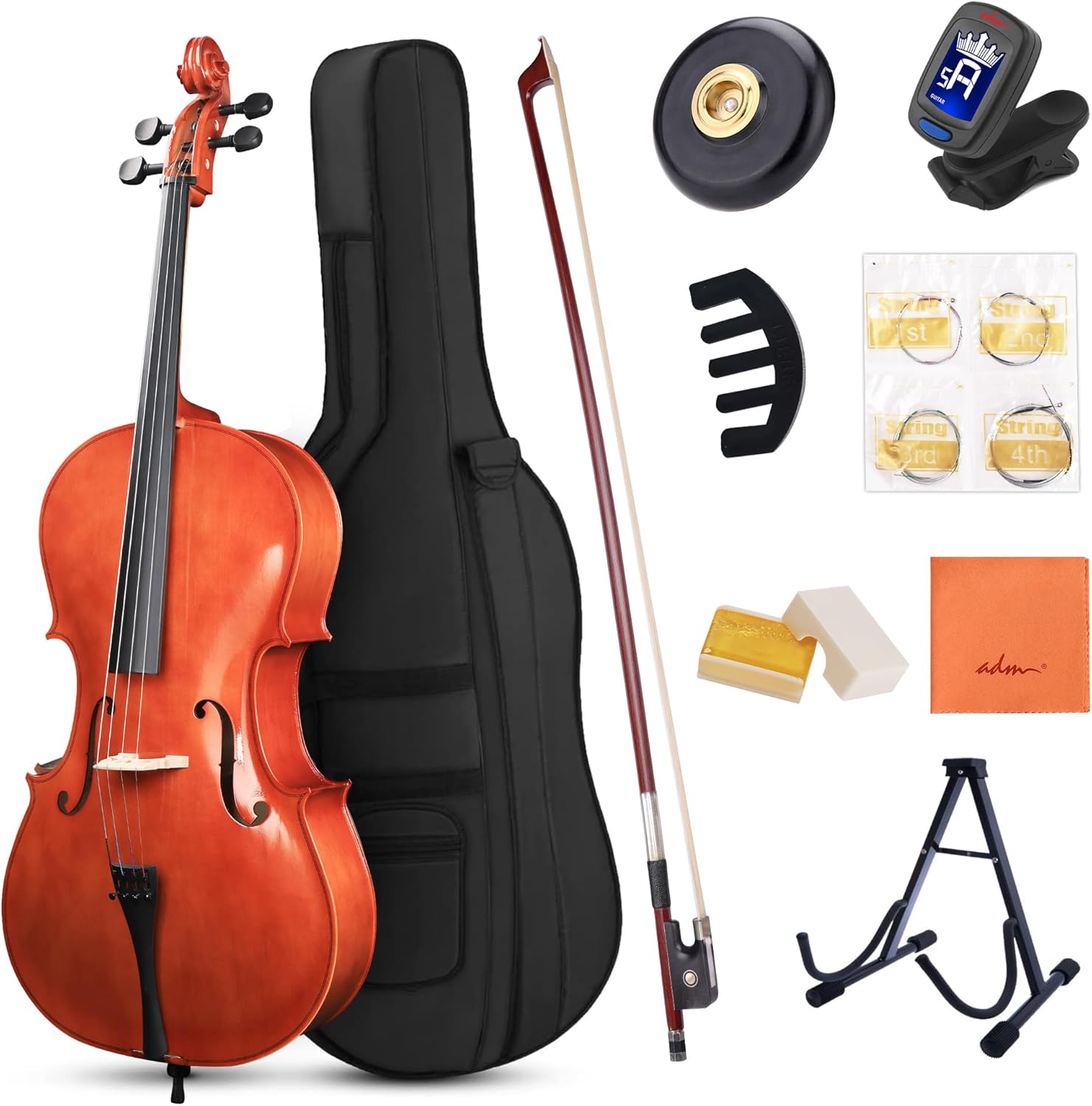 ADM 4/4 Full Size Acoustic Cello, Beginner Acoustic Cello Kit with Portable Bag, Stand, Bow, Mute, Rosin, Tuner, Endpin Holder for Beginner Adults & Students