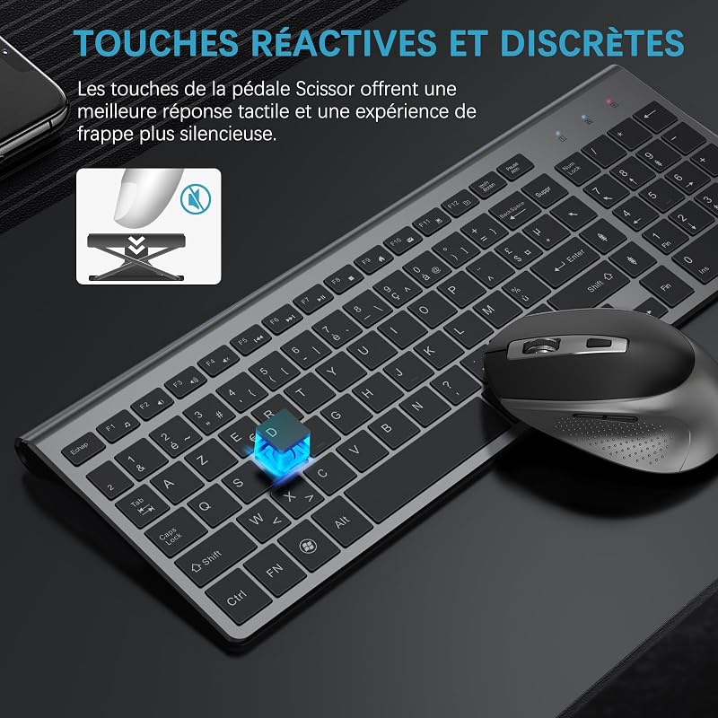 JOYACCESS 2.4GHz Vezeték nélküli AZERTY Billentyűzet Ergonomikus Szürke-Fekete - grey/black