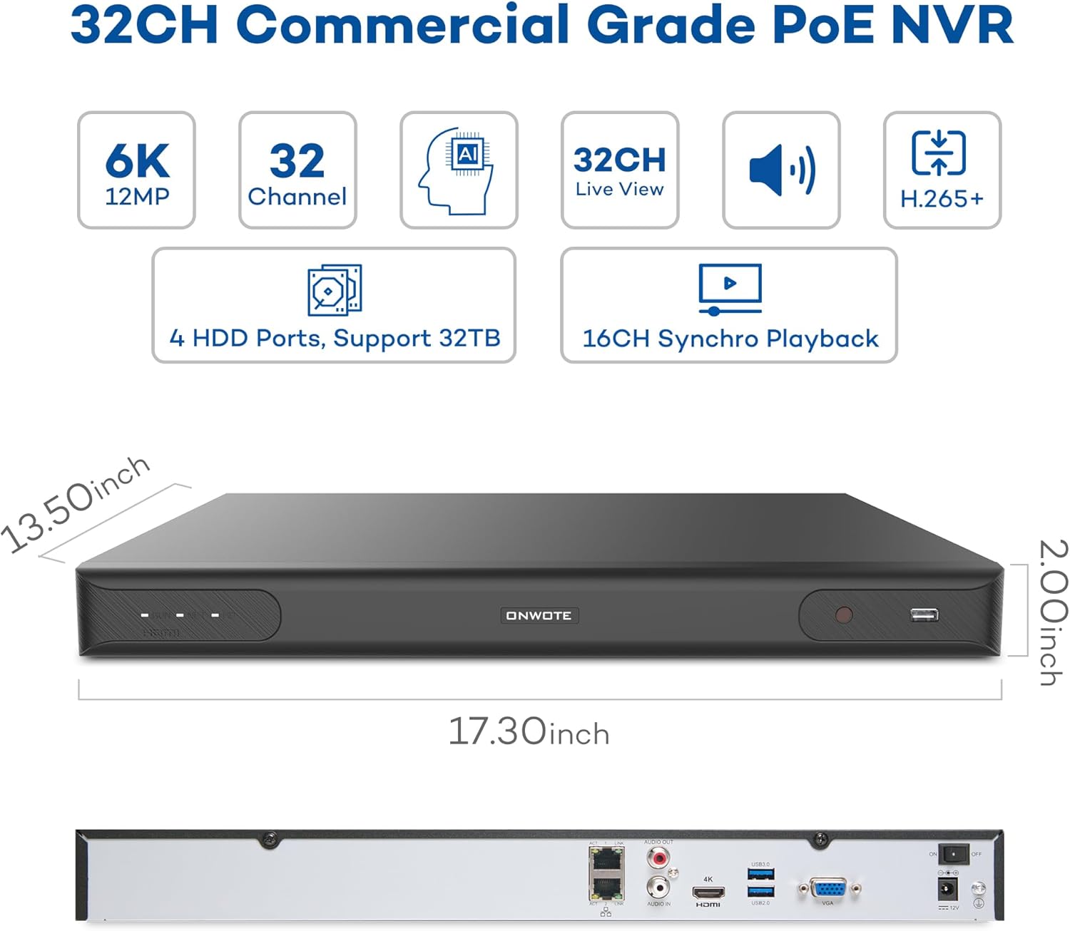 ONWOTE 6K 12MP 32 Channel NVR, Smart ACU Search, 4 SATA Support 40TB, Only Work with ONWOTE 12MP/ 4K 8MP/ 6MP/ 5MP PoE IP Cameras, 32CH Security Recorder Work with PoE Switch (No HDD Included)