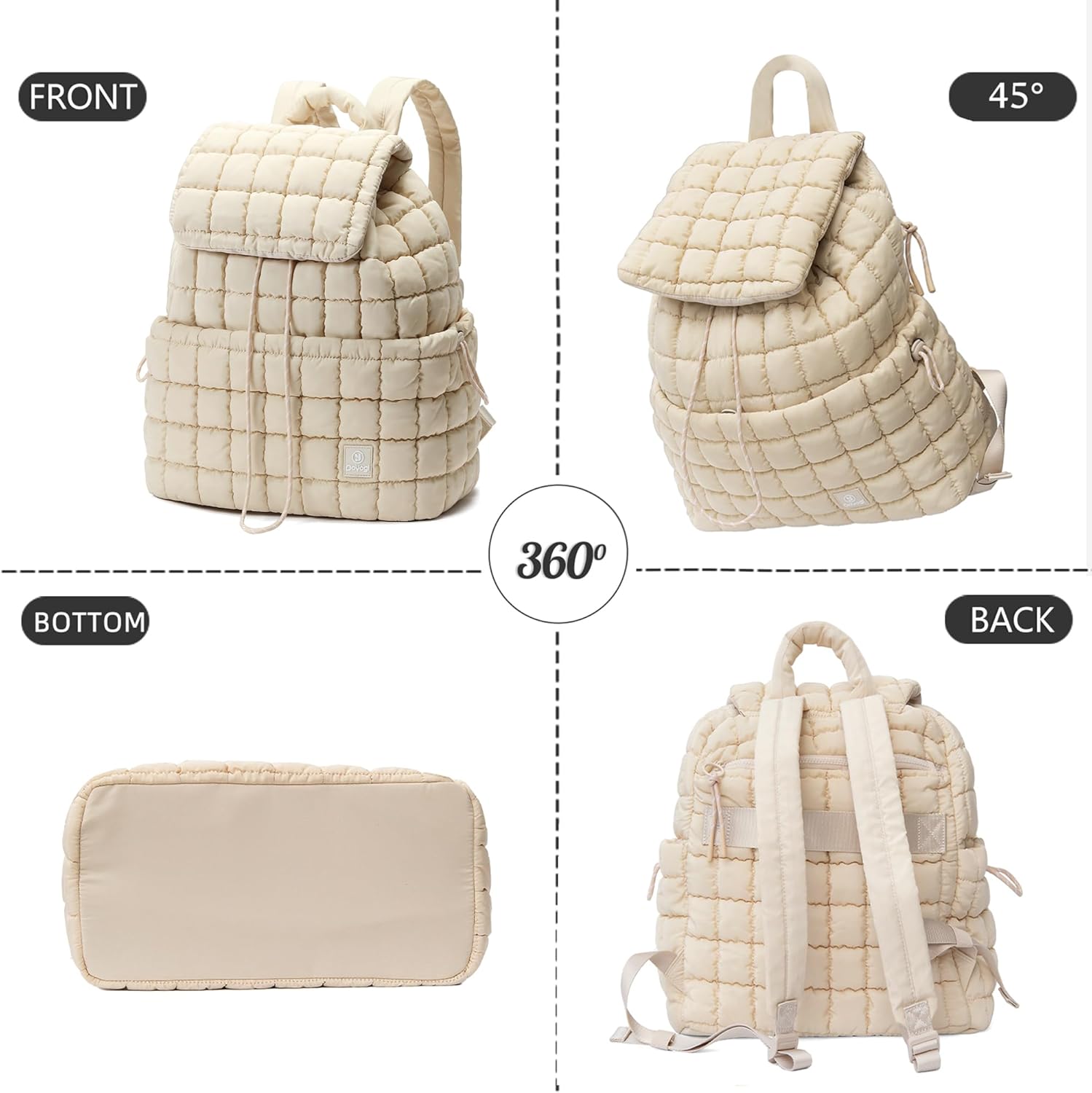 Quilted Backpack for Women, Lightweight Travel Gym Bag, Hiker Pack Drawstring Padding Backpacks, Puffer Travel Bag for Casual Daypack(Beige) - Image 2