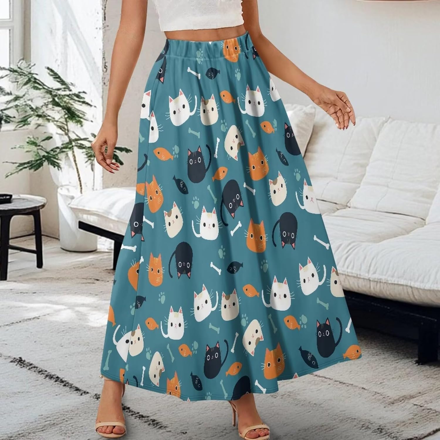 Women’s Maxi Skirt Casual Pleated High Waisted Long Skirts with Pockets Flowy Swing Skirt Size S-XXL