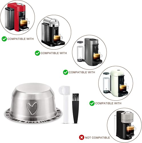 Miniatura 3 de Grasseed Cápsula Vertuo recargable, kit de cápsulas Vertuo de acero inoxidable reutilizable con 40 tapas de aluminio, cuchara, cepillo, preparación