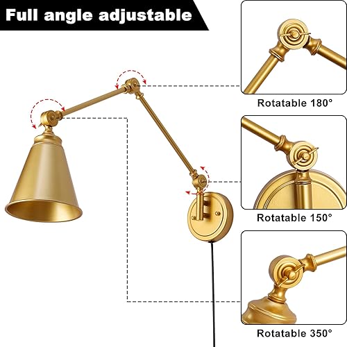Miniatura 4 de Moderno aplique de pared enchufable, lámpara de pared inalámbrica con brazo oscilante para dormitorio, sala de estar, estudio, lámpara de lectura