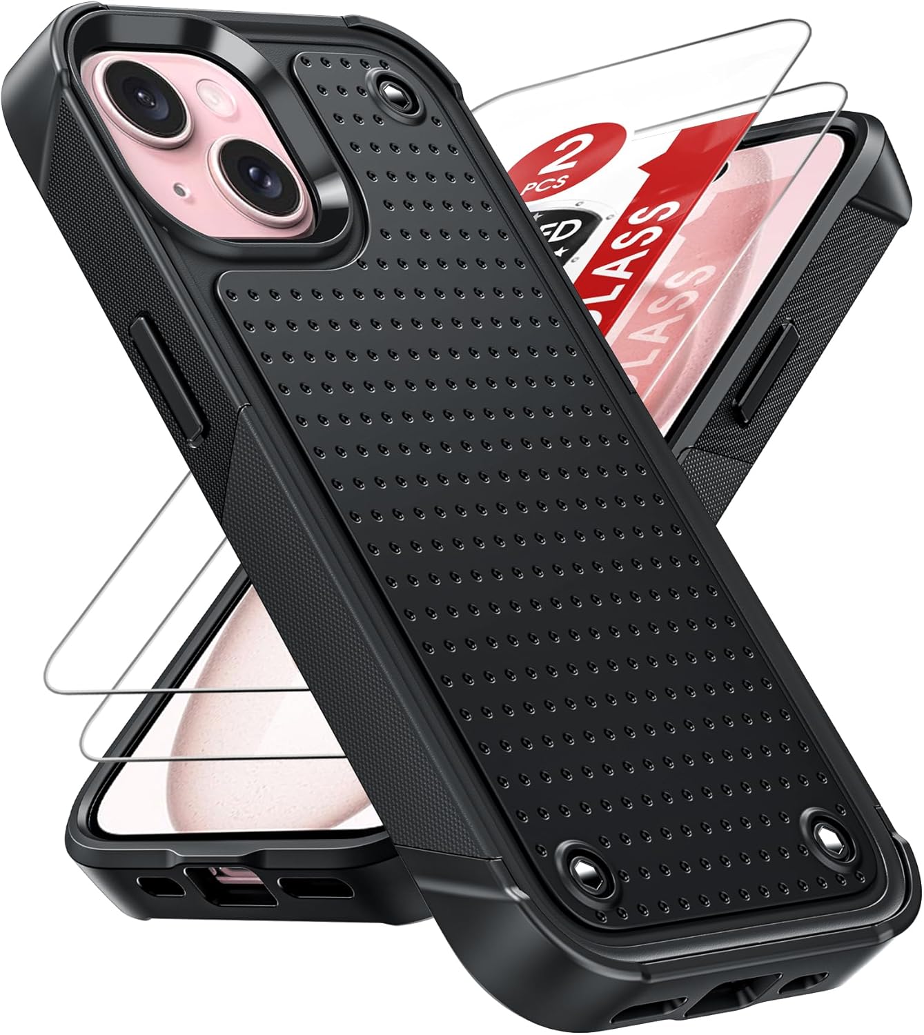 LeYi Armour Case Compatible with iPhone 15 6.1", Phone Cover with 2 Pack Tempered Glass Screen