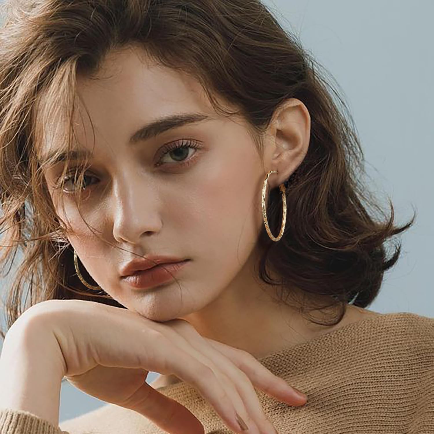 14K Gold Hoop Earrings for Women Large Gold Hoop Earrings for Women Unique Textured Slash Design Big Hoops Earring 40mm - Image 3