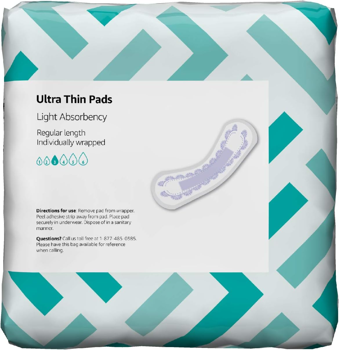 Amazon Brand - Solimo Ultra Thin Incontinence, Bladder Control & Postpartum Pads for Women, Regular Length, Light Absorbency, 180 Count, 30 Count (Pack of 6)