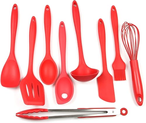 Chef Craft - Juego de utensilios de cocina de silicona premium, 9 piezas, color rojo