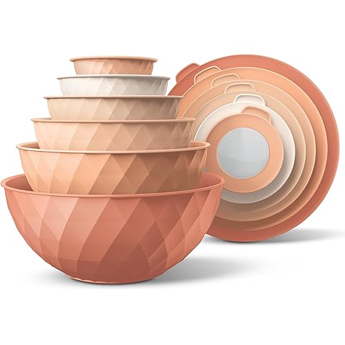 COOK WITH COLOR Mixing Bowls with Lids - 12 Piece Plastic Nesting Bowls Set includes 6 Prep Bowls and 6 Lids, Diamond Design - Microwave Safe (Mint)