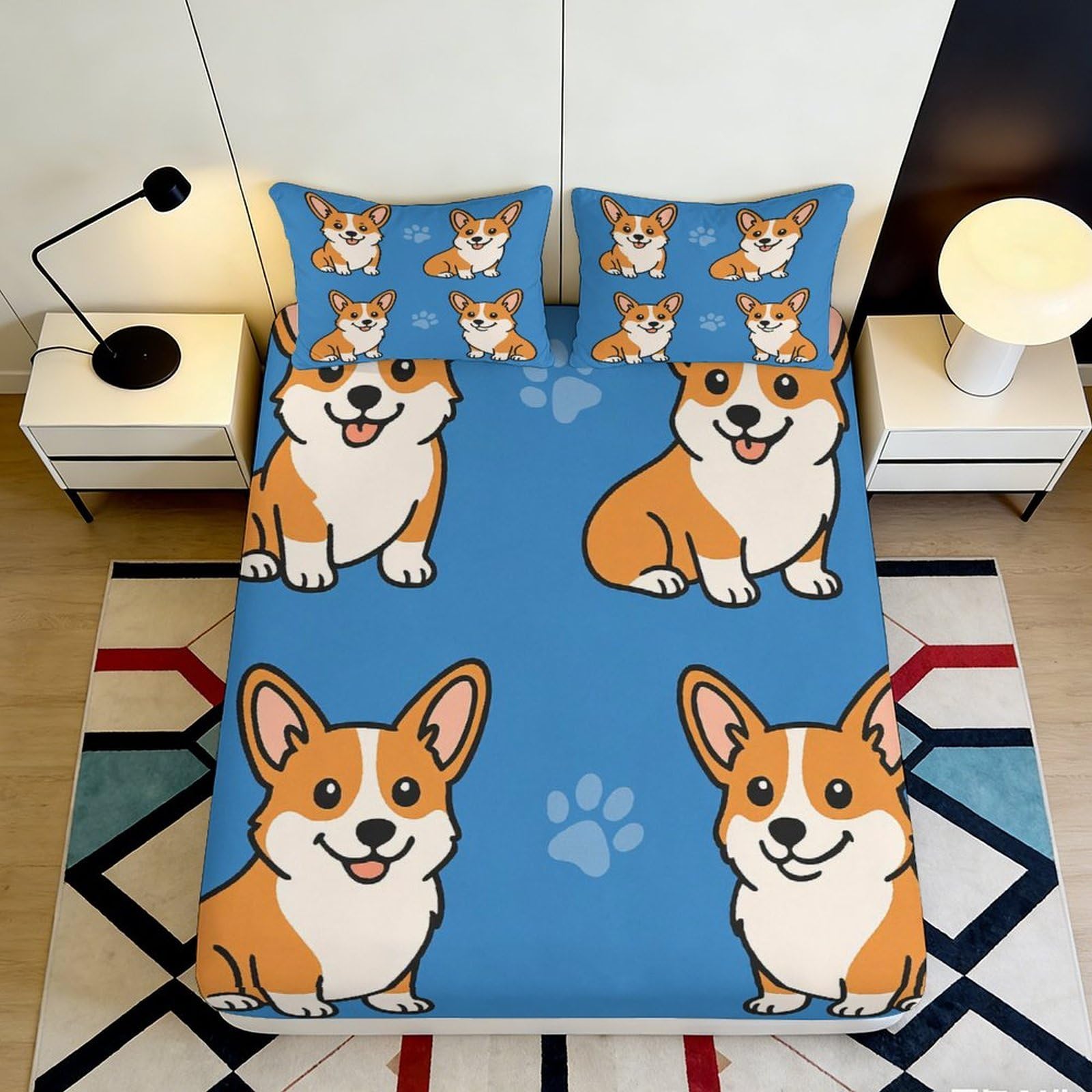 3D Printed Cute Corgi Pattern Fitted Sheet Microfiber Soft Breathable Blue Dog Paw Mattress Cover for Bedroom Dormitory Guest Room Protection Decor 160x200x25cm