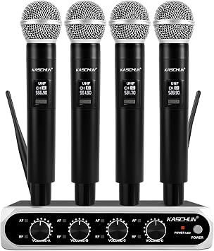 Wireless Microphone System with 4-Pack Dynamic Handheld Mics, 200ft Long Range, Plug & Play, Stable Signal Studio Sound for Karaoke Singing Speech Church Party Wedding & Events