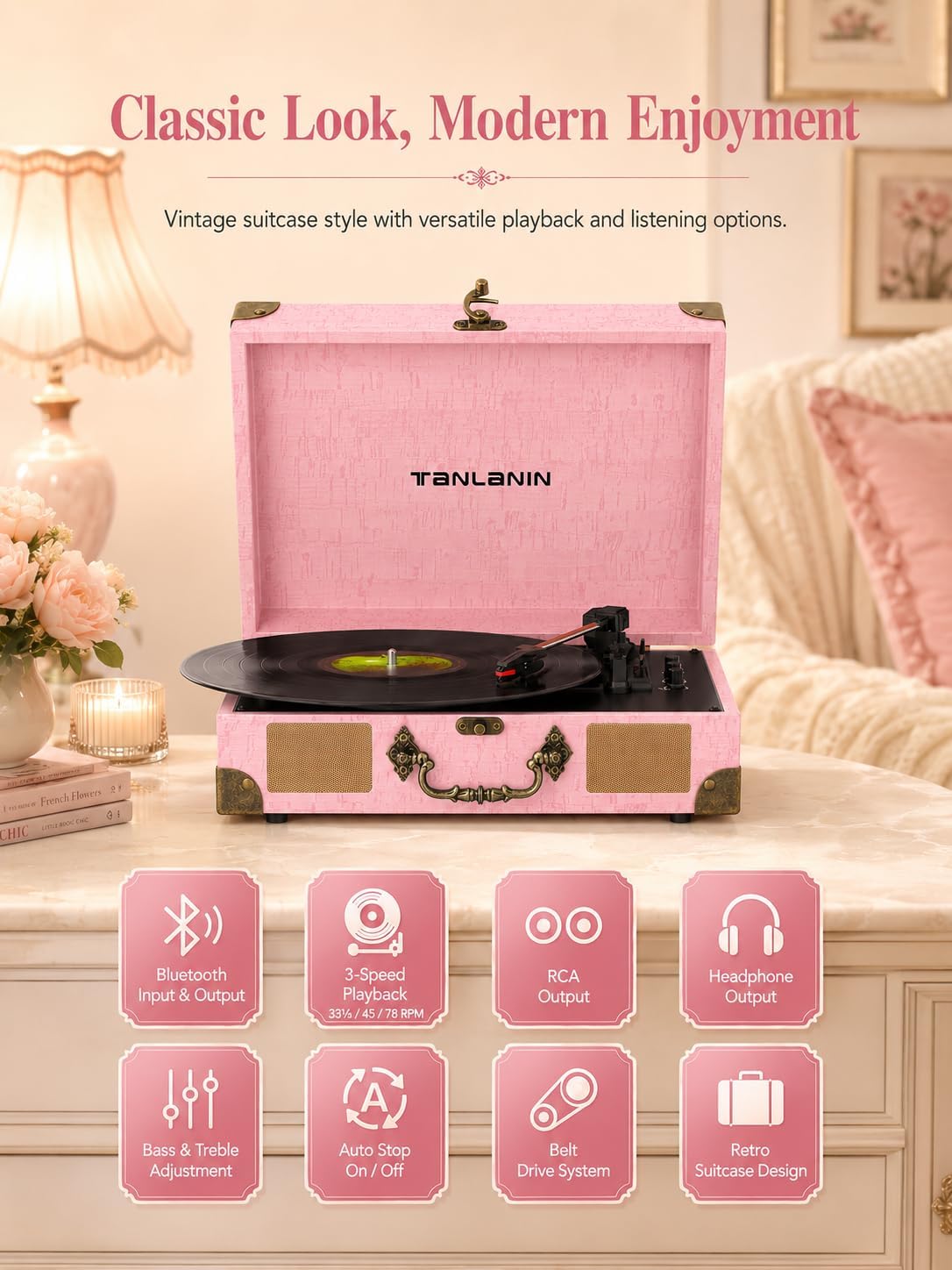 Vinyl Record Player with Bluetooth Output & Input, Treble & Bass Control, Vintage 3-Speed Portable Suitcase Turntable with Built-in Speakers, RCA Out, Headphone Jack, Pink