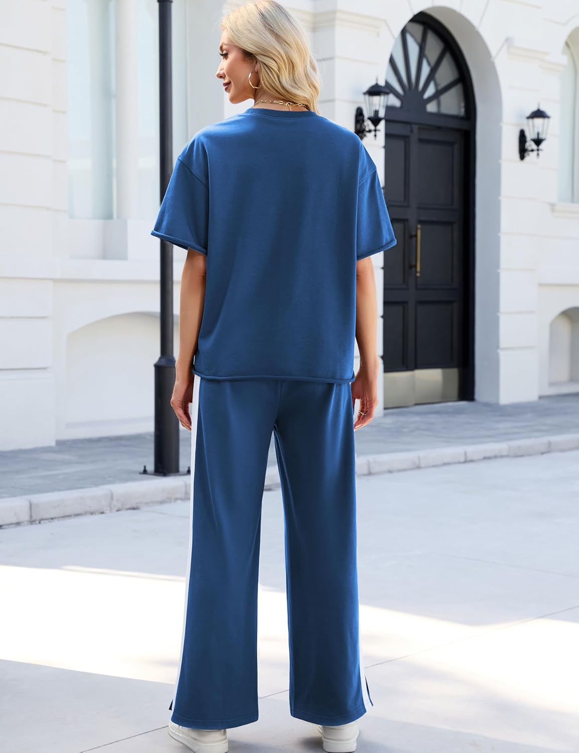 Tanming Two Piece Sets for Women Travel Vacation Outfits Lounge Sets Short Sleeve Tops Striped Wide Leg Pants Tracksuits - Image 4