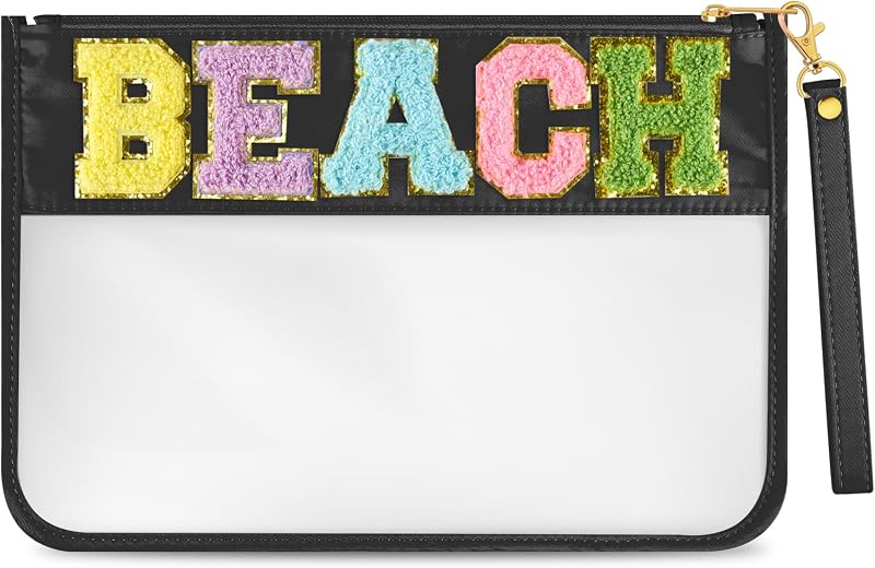 Morcheiong Necessaire transparente de PVC e nylon com zíper, alça e letras de chenille, preta, 30,00 cm x 22,00 cm
