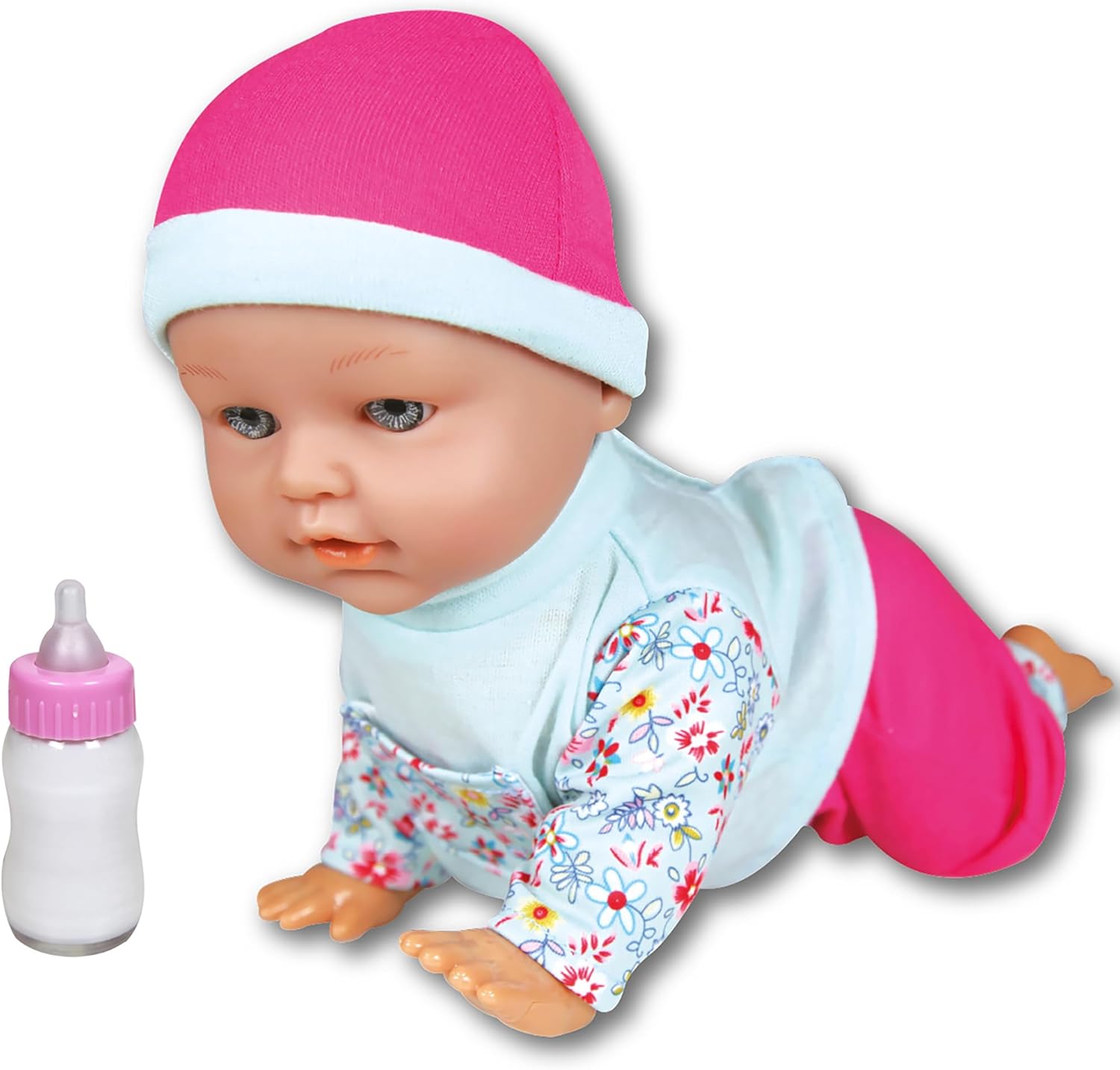 Lissi: 12" Crawling Baby Doll - Pink & Blue - Interactive Button-Activated Movement, Floral Top & Matching Hat, Feeding Bottle Care Accessory, Kids 2+
