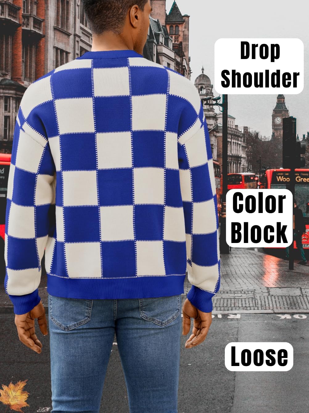 EHSUYAB Men's Fall Fashion Checkered Sweater, Crewneck Ribbed Knit Pullover Top, Casual Loose Winter Color Block Sweaters
