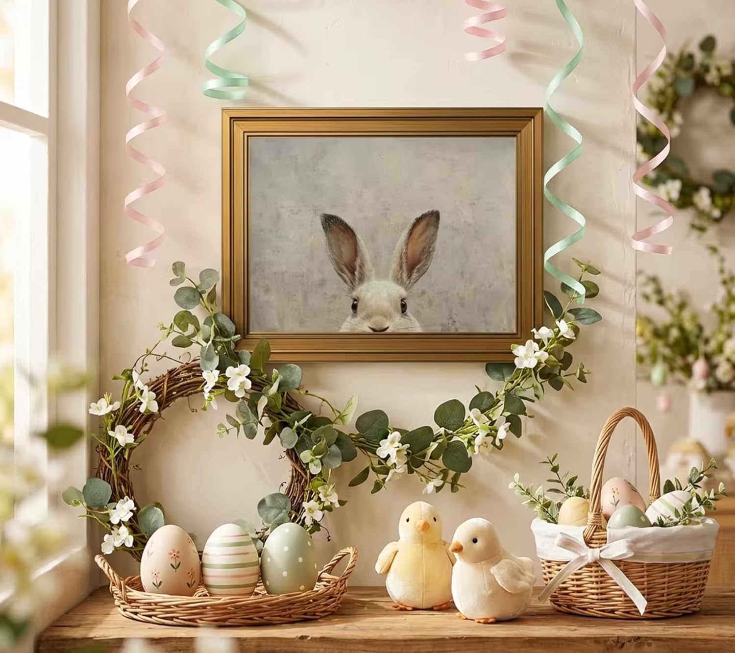 Gold Framed Funny Vintage Rabbit Canvas Wall Art Easter Bunny Painting Picture Wall Decor Animal Poster Print for Kids Room Living Room Bedroom Holiday Decoration 16x12in