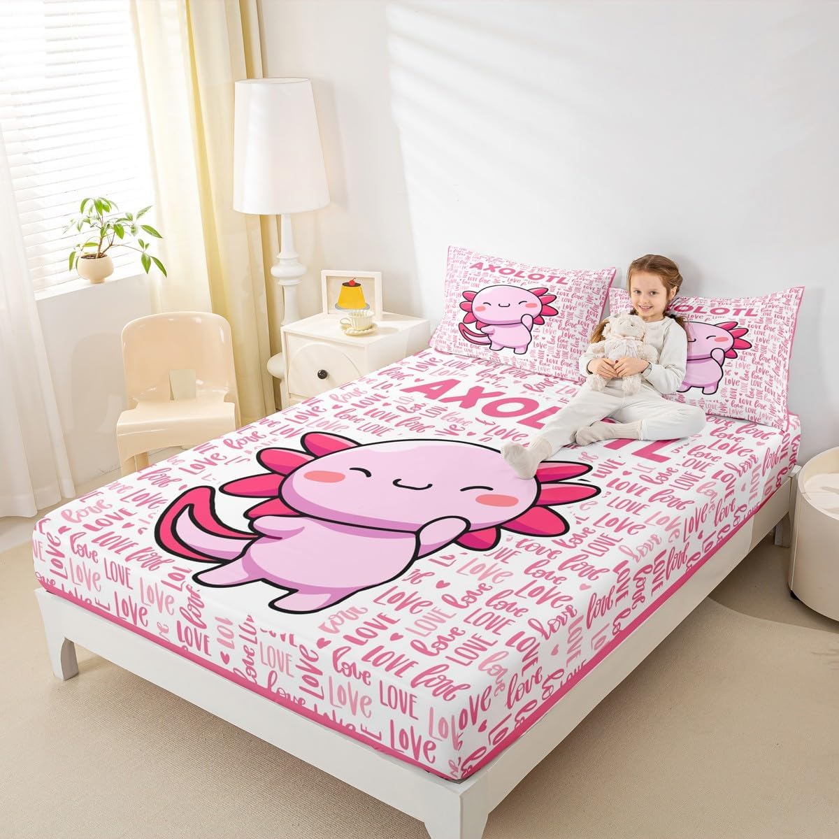 Cartoon Axolotl Kids Fitted Sheet Twin Size,Cute Salamander Ocean Animals Bedding Set,Girls Boys Adults Room Decor,Axolotl Lovers Kawaii Bed Cover,Pink Romantic Bed Sheet,1 Pillowcase