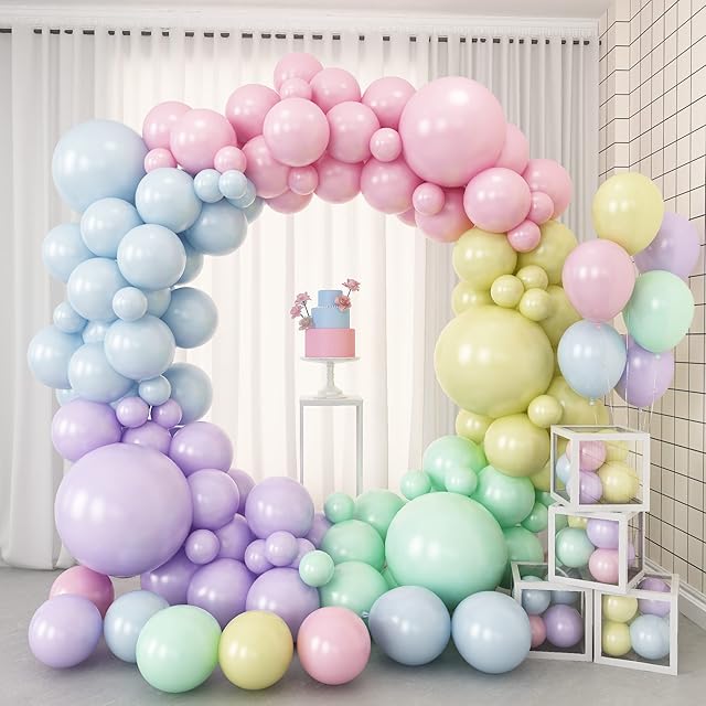 Balloons Arch Kit Pastel, 132pcs Macaron Pink Blue Purple Yellow Green Balloons Garland Kit, Rainbow Birthday Party Balloons for Kids Unicorn Baby Shower Gender Reveal Wedding Anniversary Decorations