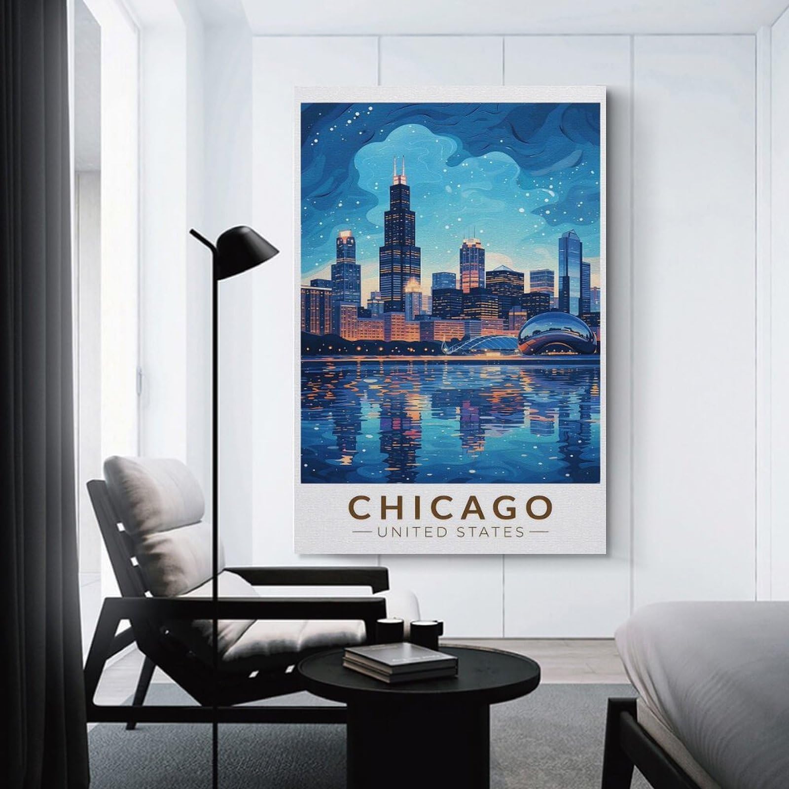 Junmoney Chicago Skyline at Night Canvas Wall Decor, 12x18inch(30x45cm), for Home Lounge, Bedroom Or Reading Nook, Modern Wall Decor for Cosy Interiors