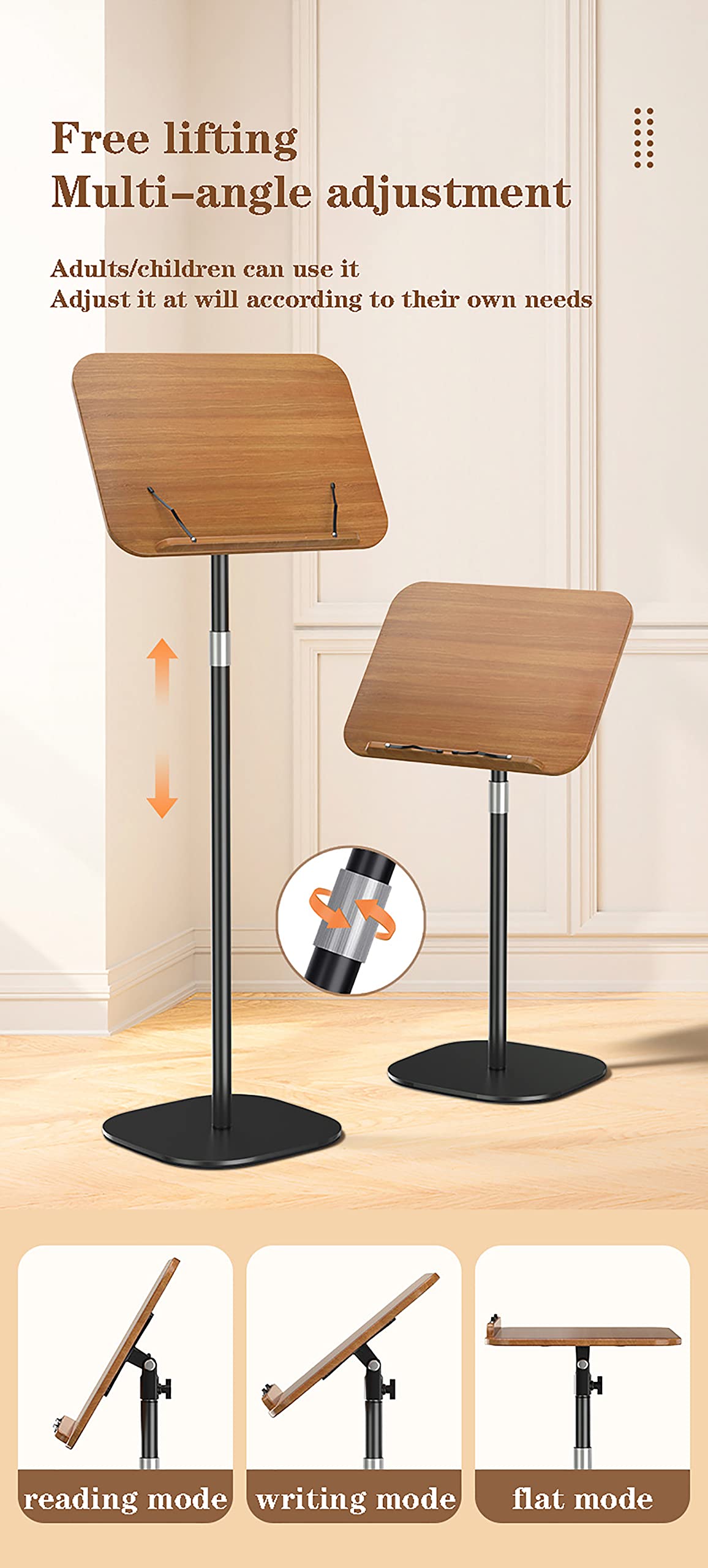 Leggio per libri per la lettura, altezza solida portatile e angoli regolabili, supporto per libri di grandi dimensioni con fermagli per pagine, struttura in legno e metallo robusto