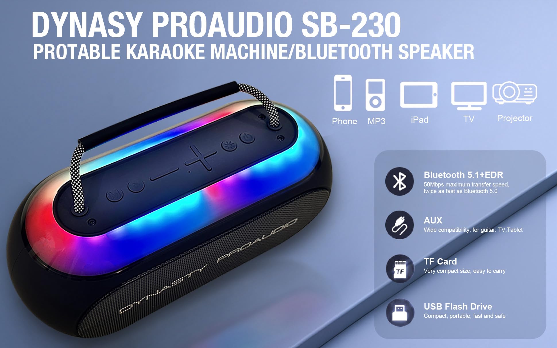 Enceinte Bluetooth portable SB-230 avec deux microphones sans fil, étanche, prend en charge USB, AUX, carte TF, lumières LED à changement de couleur (noir)