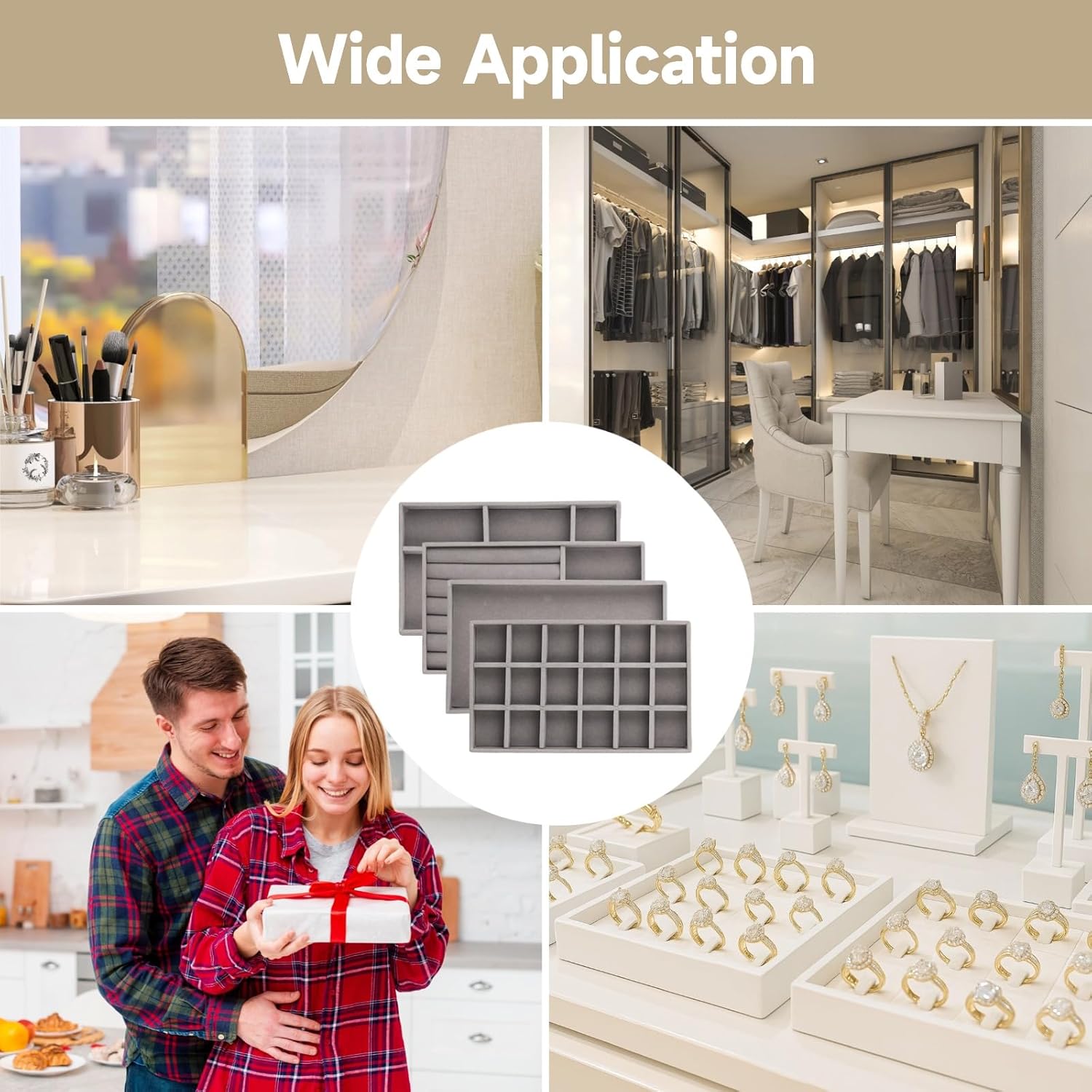 8 Pcs Jewelry Drawer Organizers, Velvet Jewelry Trays for Drawer, Stackable Jewelry Trays Ideal for Rings, Earrings, Bracelets, Necklaces, Grey (Gray)