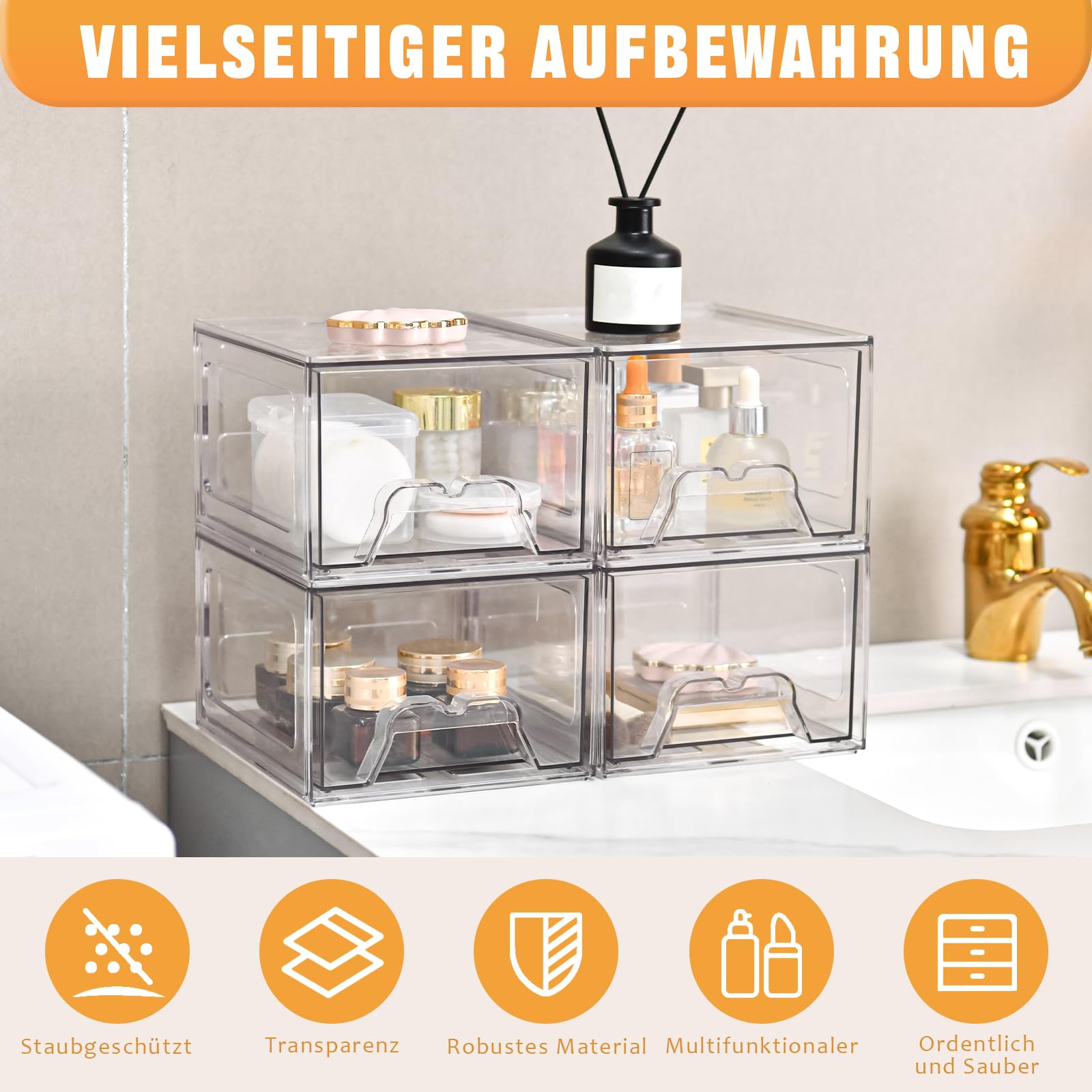 Stebopum Acryl Kosmetik Organizer, Stapelbare Schubladenbox & Transparente Schubladen Organizer für Schminktisch und Badezimmer (4Pack)