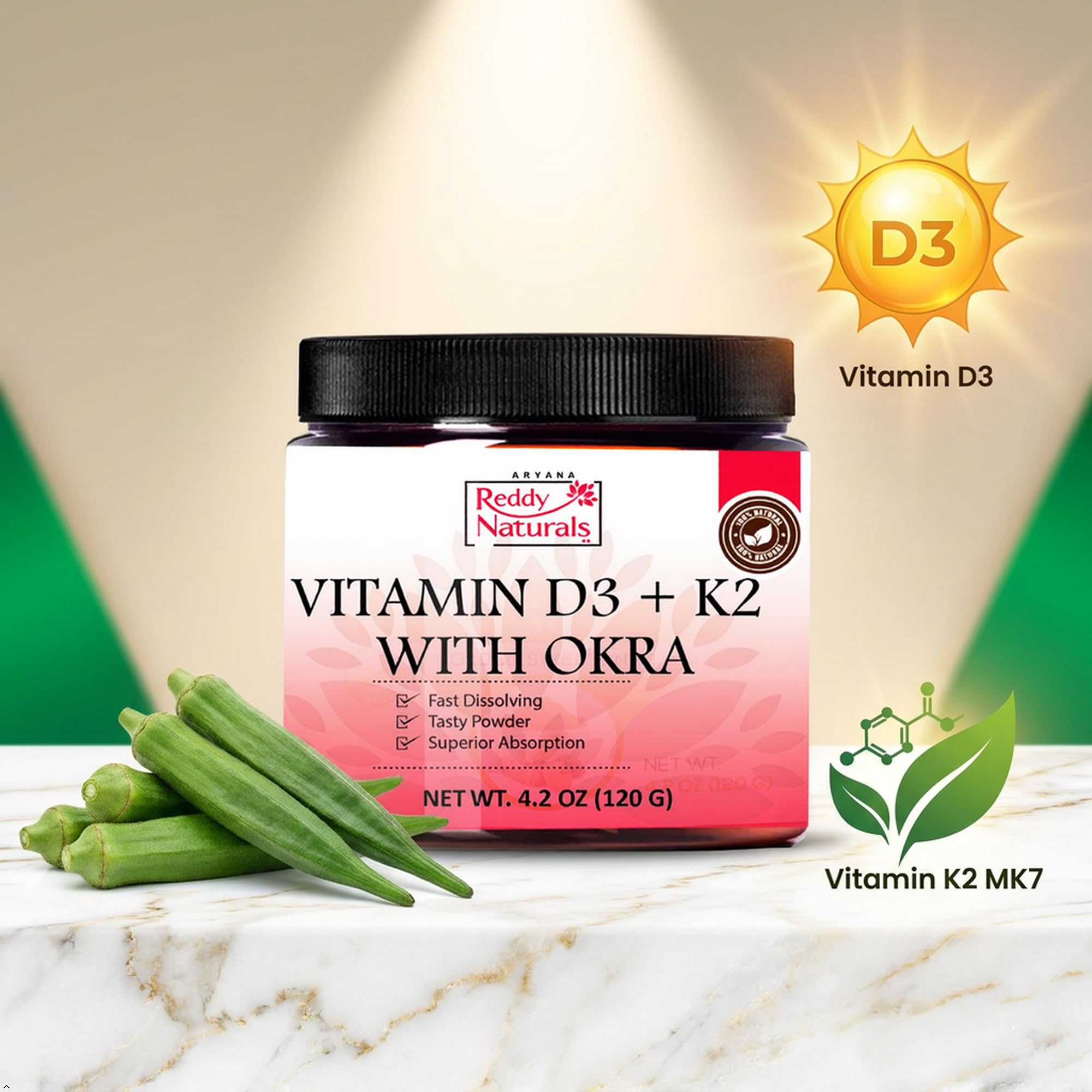 Reddy Naturals Vitamin D3 K2 MK7 Powder with Okra 120g — Amazon image 2