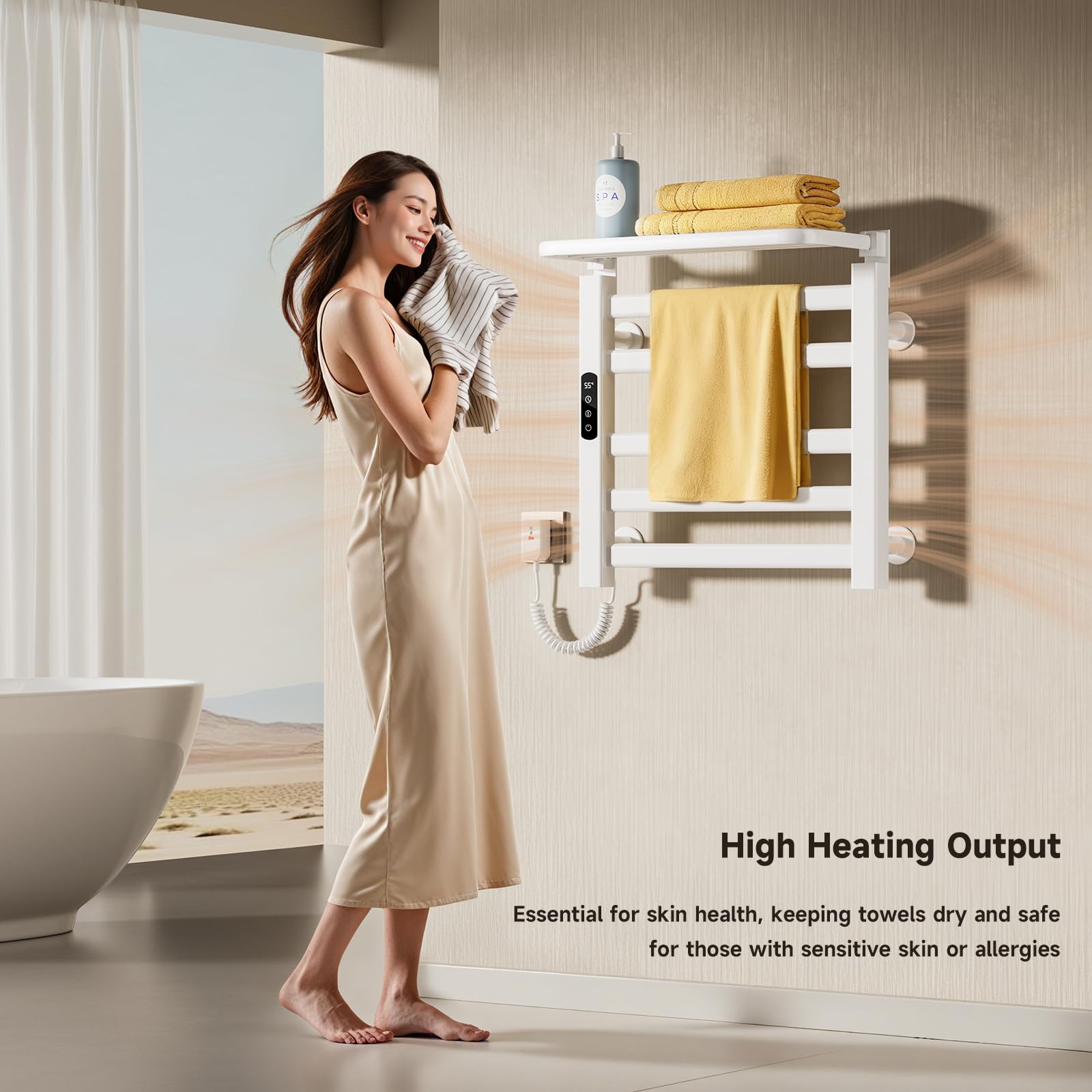 Handtuchheizkörper elektrisch,Badheizkörper elektrisch 500x500mm,Intelligenter thermostatischer Handtuchhalter,Weißer Wandmontierter Elektrischer Handtuchhalter,Mit Touch Schalter und Timer