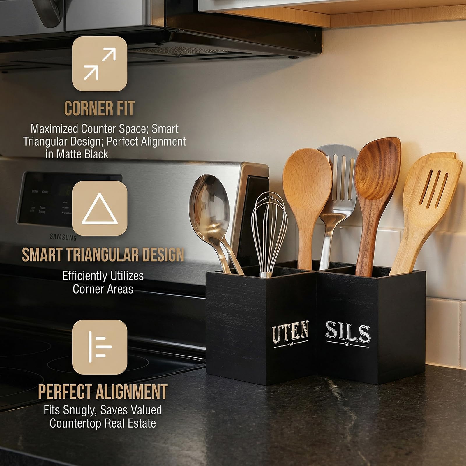 Extra Groß Küchenutensilienhalter mit 3 Fächern, 24x24x16cm, Holz Eckutensilien Organizer Küchenorganizer, Utensilienhalter Küche Kochlöffelhalter für 30-40 Küchenutensilien Aufbewahrung Arbeitsplatte