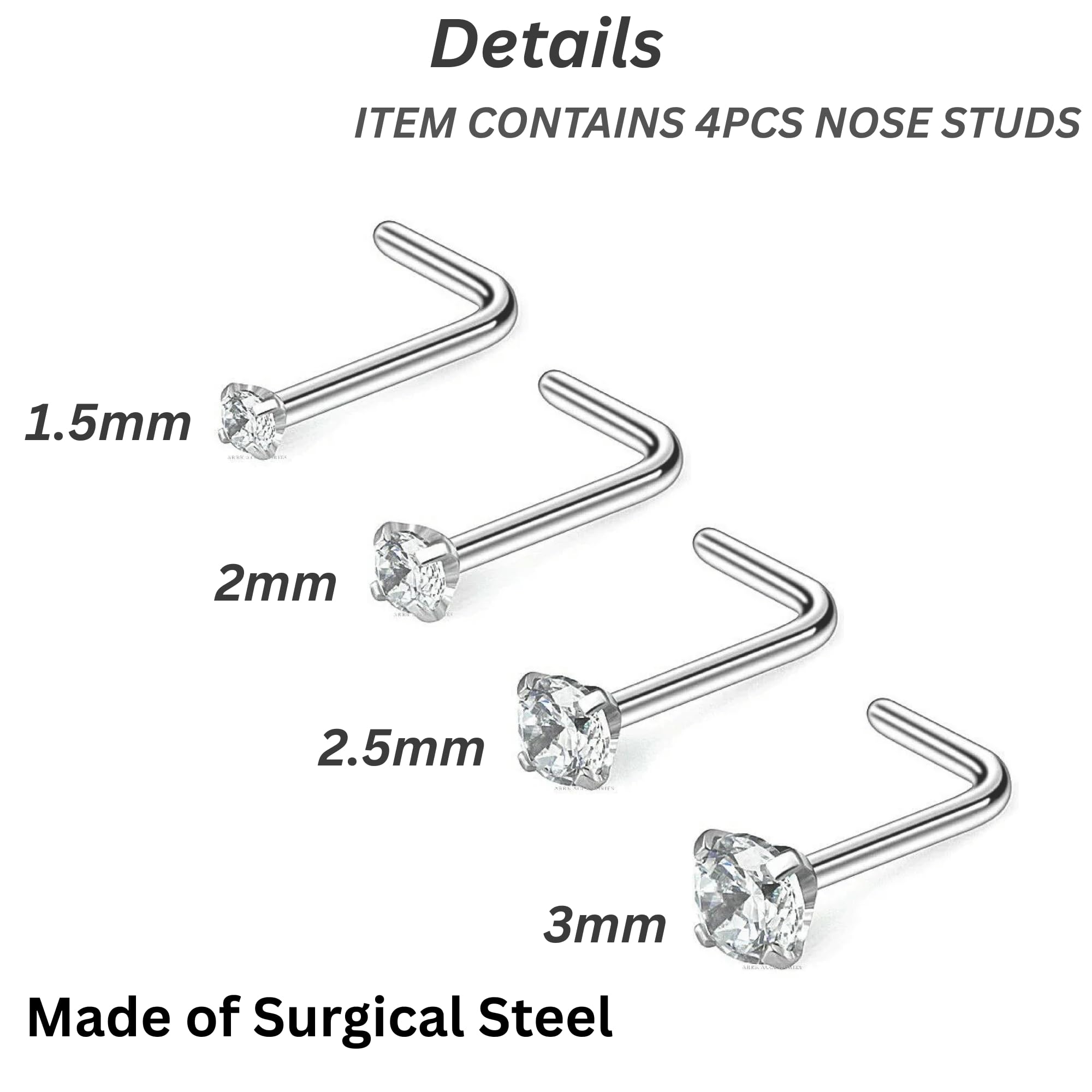 4 PCS 20G Nose Studs ,1.5mm 2mm 2.5mm 3mm Nose Rings, Hypoallergenic Stainless Steel L Shaped Nose Stud Sterling Silver, Tiny CZ Crystal Diamond Small Nose Stud, Plain Nose Studs, Nose pins for Women — view 2