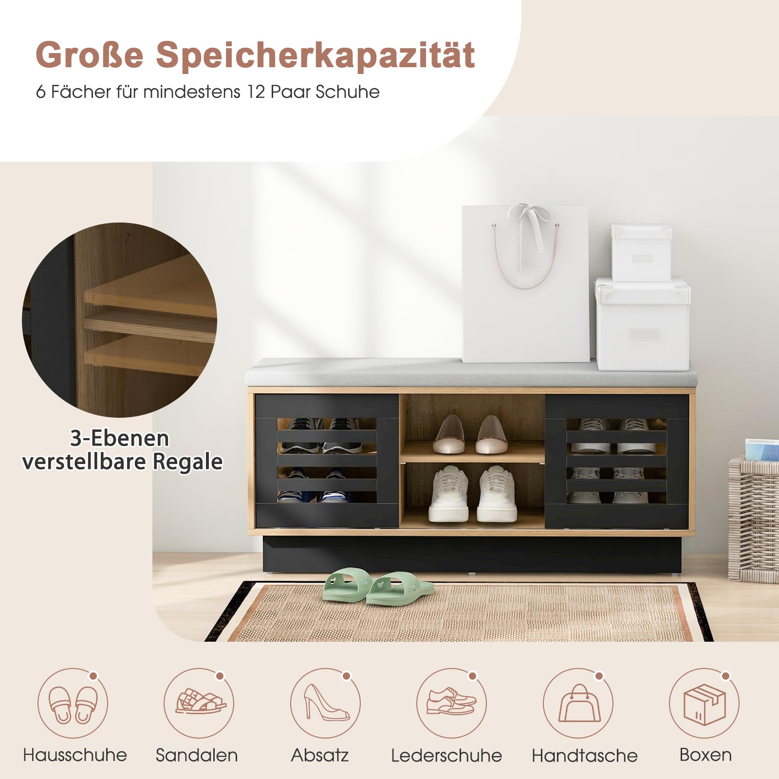 RELAX4LIFE Schuhbank Mit Sitzfläche – 3 Ablagefächer & Stauraum, In Braun/Weiß, 104 Cm Breit, Für Flur, Wohnzimmer Oder Schlafzimmer
