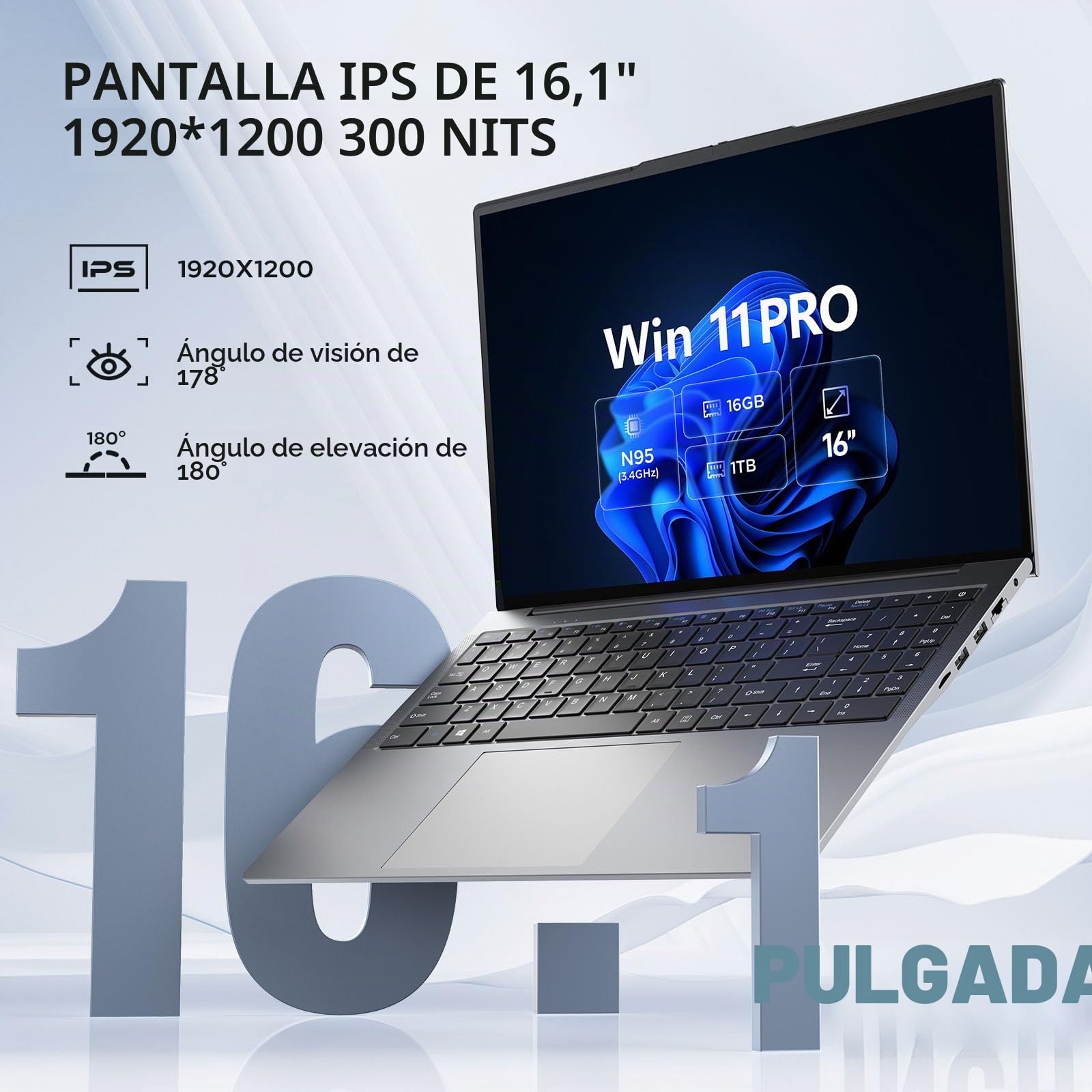 Ordenador portátil de 16 pulgadas, 16 GB DDR5 RAM, SSD PCIe NVMe de 1 TB, Windows 11, N95 de 12ª generación, hasta 3.4 GHz, IPS FHD de 16 pulgadas 1920 x 1200, batería de 68.4 Wh, cámara web de